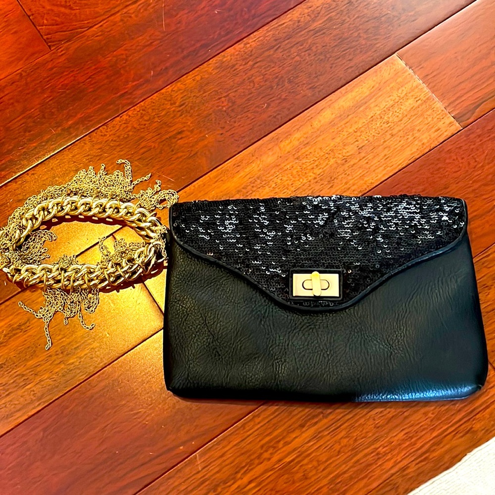 Alexis Hudson black leather and sequin wristlet with gold hardware